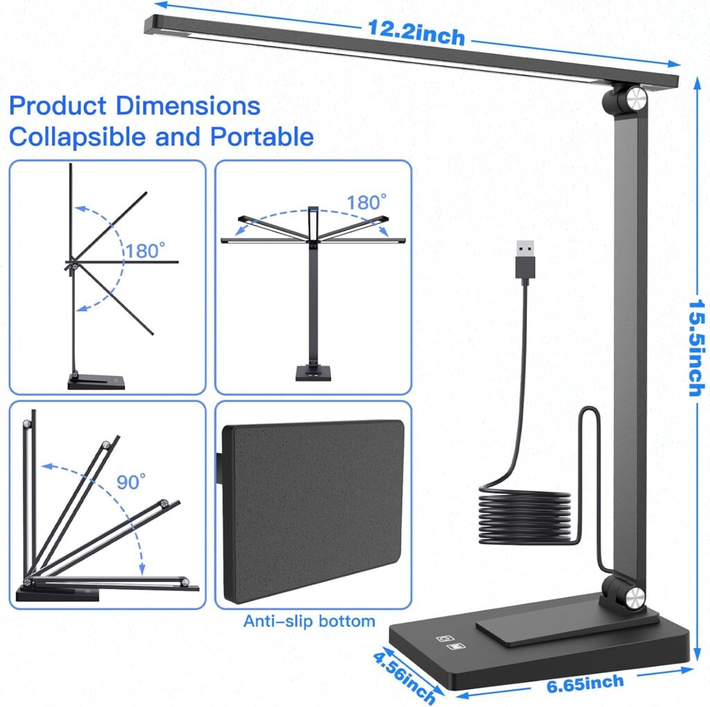 Desk Lamp,LED Desk Lamp Office with USB Charging Ports,Desk Light,Study Lamp Reading Light,Timer/Touch/15 Lighting Modes,Eye-Caring Book Light Table Lamp for Study,University Essentials Lamp for Dorm